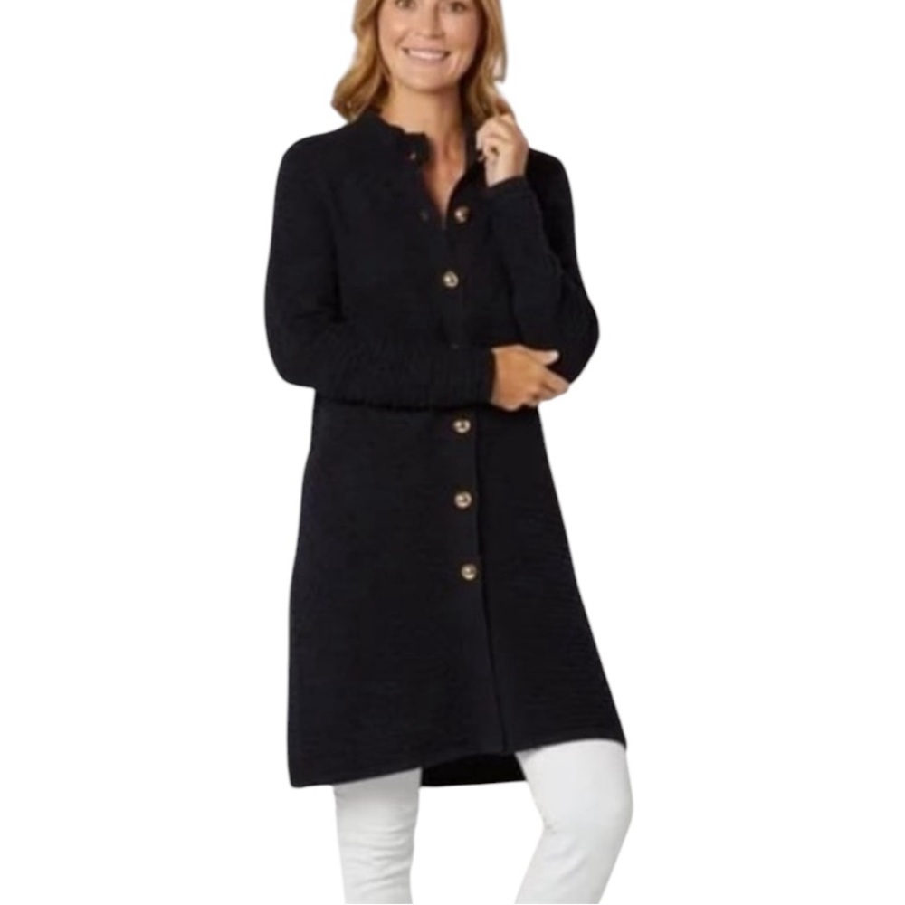 Sail to Sable Black Honeycomb Knit Gold Button Front Long Cardigan - M
